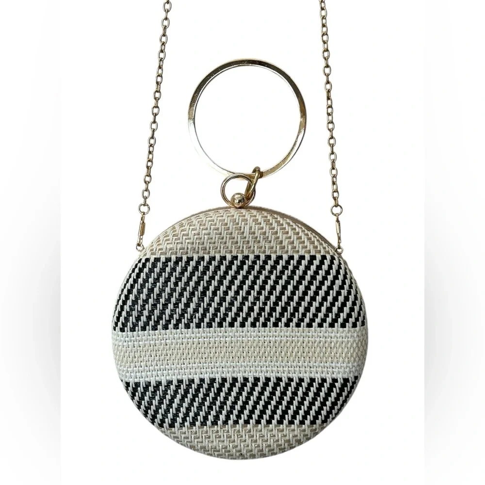 Savanna Cream Black Round Woven Crossbody Satchel Gold Chain Boho Bag Purse - Picture 2 of 13